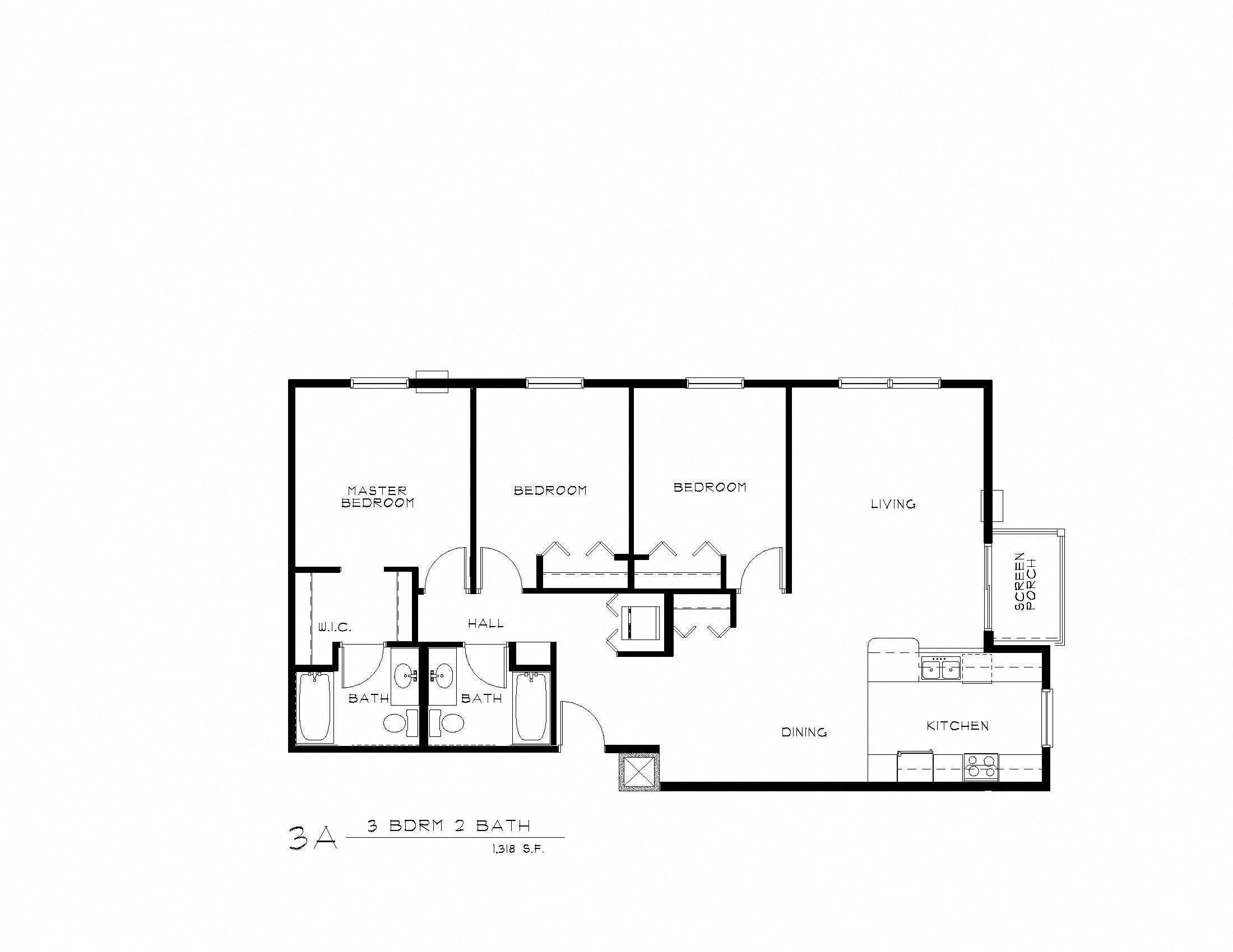 Floor plan for 3 beds, 2 baths, 1407 sqft